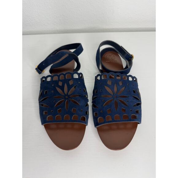 Tory Burch Women’s Navy Blue Die Cut Ankle Strap Sandals size 9 - Picture 4 of 8
